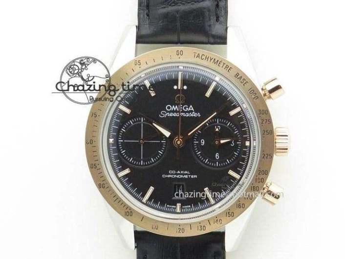 0509 Trendsetting Speedmaster ’57 SS Chrono AXF Best Edition RG Bezel Black Dial on Black Leather Strap A 8283